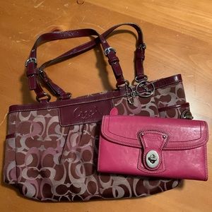 A coach handbag and a matching wallet.